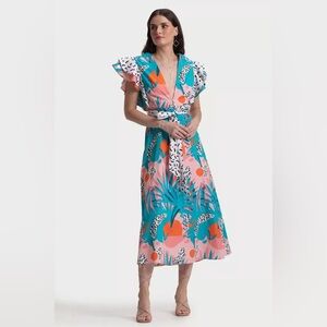 Ash & Eden Tropical Floral Spring Summer Vacation Midi Dress XS Colorful
